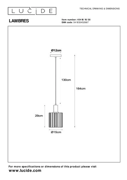 Lucide LAMBRES - Pendelleuchten - Ø 15 cm - 1xE27 - Schwarz - technisch